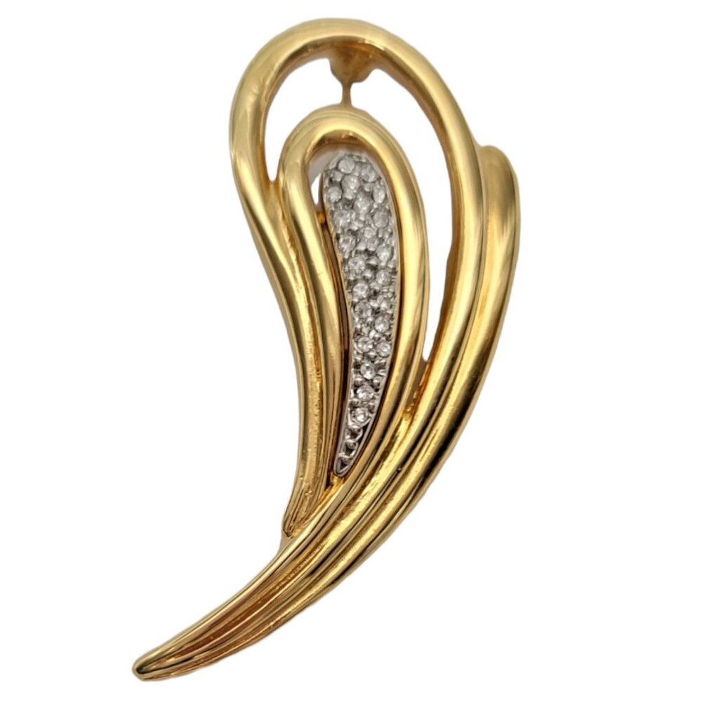 Courreges Gold Tone Clear Rhinestone Paisley Shaped Brooch